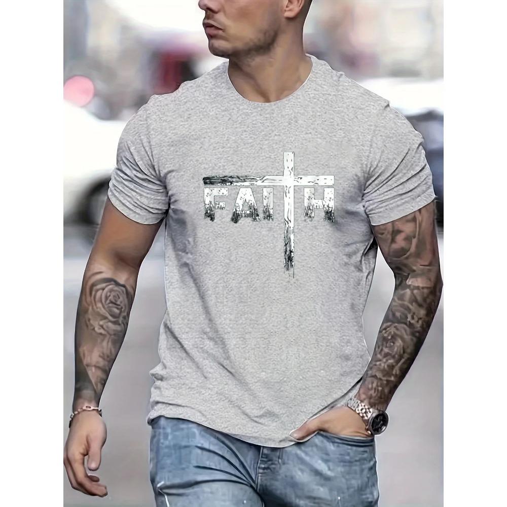 Men's Summer 100% Cotton Faith Print Loose Large Casual Round Neck Short Sleeve T-shirt