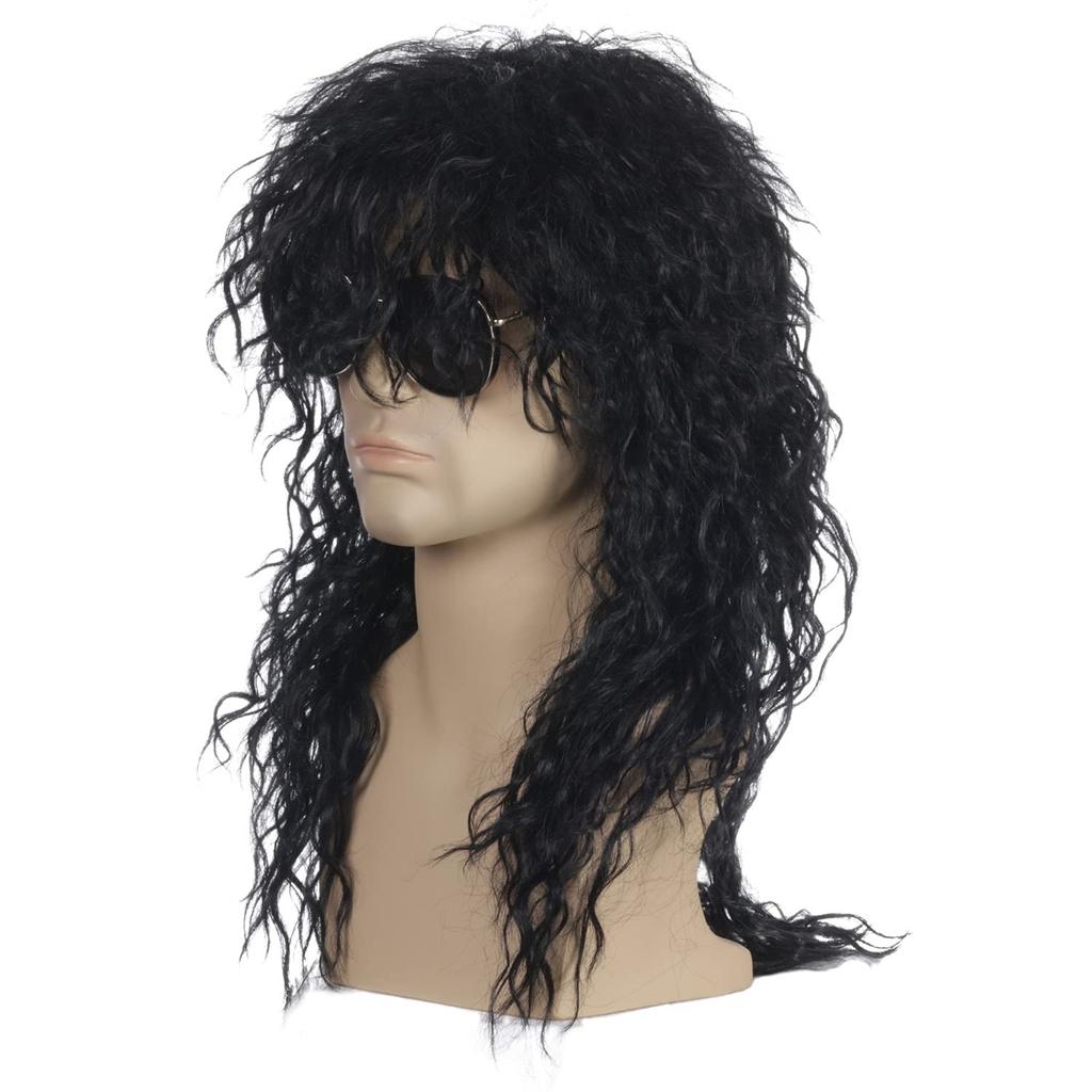 YOVEKAT Halloween Men's Black 80s Rocker Heavy Metal Punk Curly Wig Cosplay Costume Fancy Dress for Party