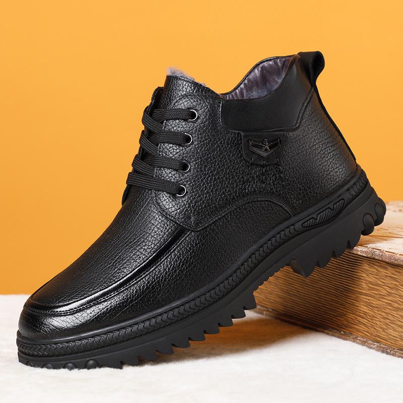 Зимний первый слой коровья шерсть мужские кожаные бархатные термохлопковые туфли повседневные для пожилых пап кожаные туфли очень большого размера 46