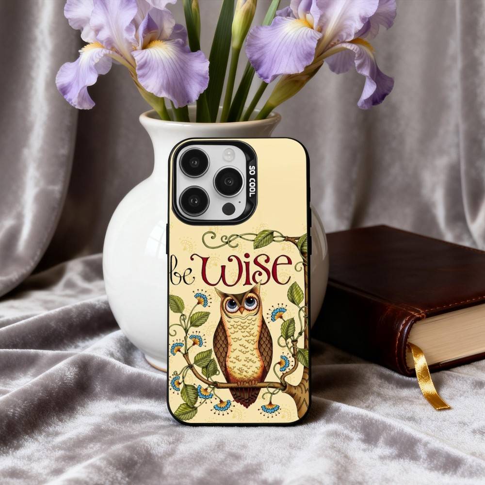 Cute Owl Art Phone Case For iPhone17,16,15,14,13,12,11 Plus,Pro Max Black Candy Silver Plated Cover