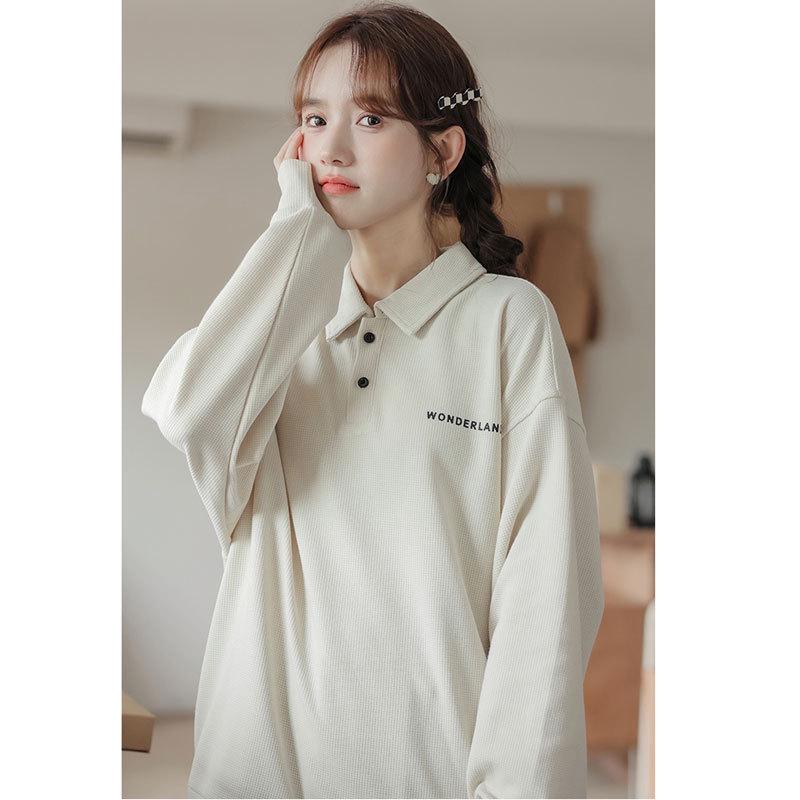 Ретро Толстовка-поло свободного кроя - Повседневный топ с длинным рукавом