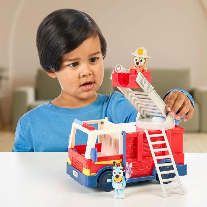 Camion de pompiers - Bluey - Figurines Bingo et Bluey - Autocollants inclus - Tuyau d'extinction - 3 ans et plus