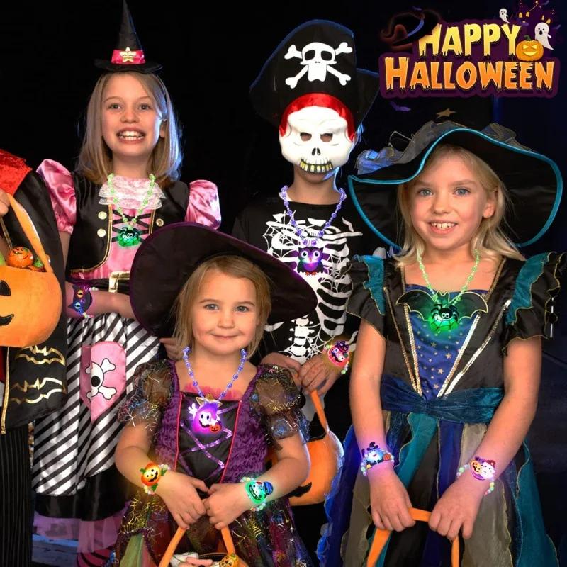 12-120PCS Halloween Christmas Glow Necklace Bracelet Scary Glitter Pendant Light Up Props Kids Party Favors Holiday Decoration
