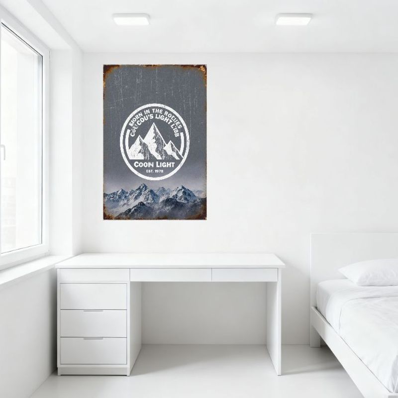 Винтажная металлическая жестяная вывеска Coors Light "Рожден в Скалистых горах", Ржавая окантовка, Грязный серый фон, Горный хребет, Домашний бар, Мужская берлога, Вашингтон