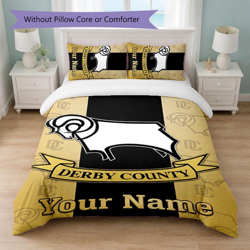Постельное белье Derby County с индивидуальным текстом и именем 1 пододеяльник + 2 наволочки Логотип футбольного клуба Персонализированный подарок для особого случая Декор спальни