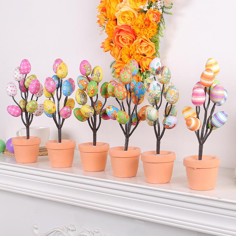 2025 Easter Fake Egg Plant Pot Cartoon Printed Eggs Easter Desktop Decor Ornament Easter Party Decoration Home Festival Decor