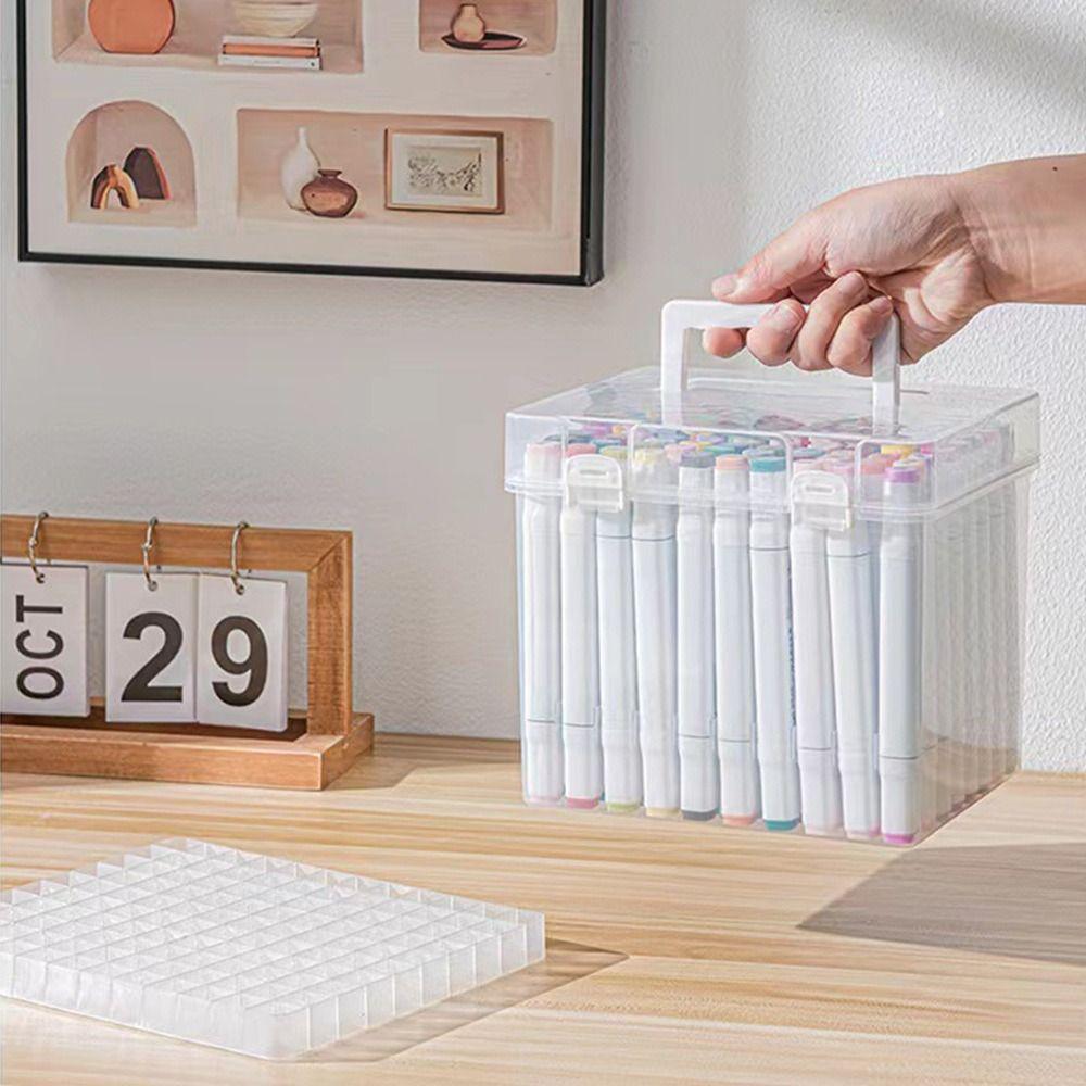Portable Plastic Marker Pen Organizer Multi-slot Handheld Marker Storage Box Transparent Waterproof Desk Pen Holder Students