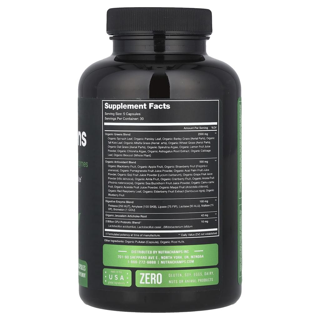 NutraChamps Суперфуды, Суперзелень с пробиотиками и ферментами, 150 вегетарианских капсул