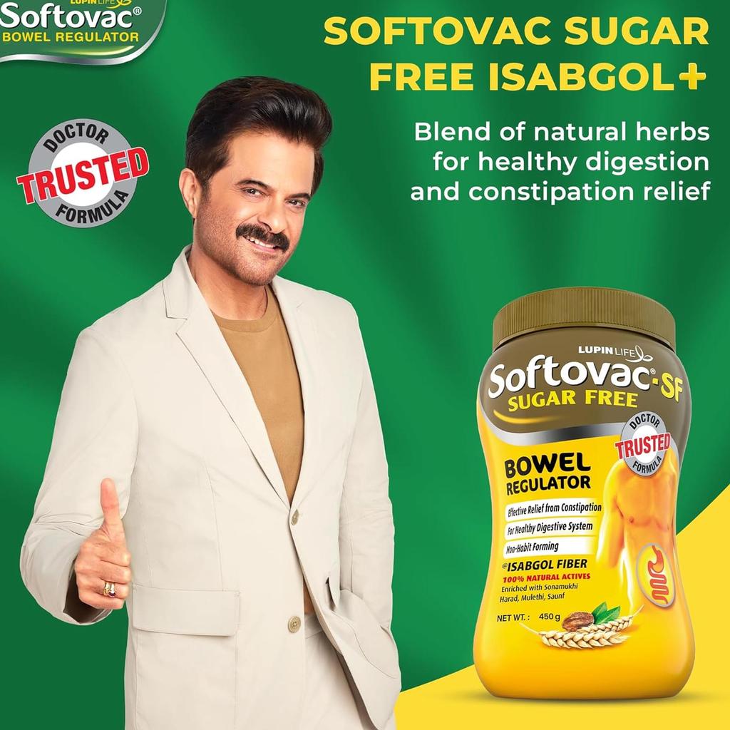 Softovac SF Isabgol Bowel Regulator Powder 450 G Sugar Free Gentle Digestive Support Relieves Constipation Bloating Promotes Healthy Gut for Adults