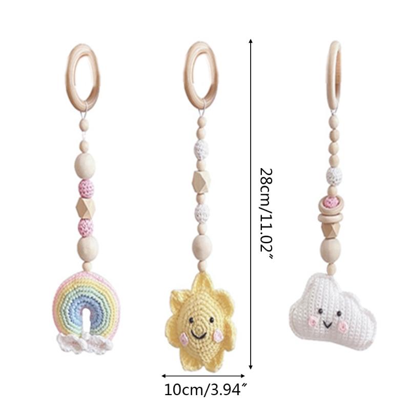3 шт./набор детских подвесок для спортзала, вязаных крючком, погремушек в виде солнца, облака и радуги, деревянное кольцо
