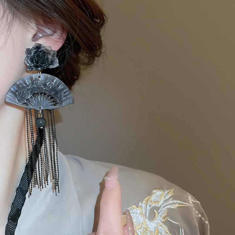 GemChic Women's Earrings Chinese Style Resin Flower Fan Fringe Vintage Long Drop Earrings Birthday Christmas Jewelry Gift