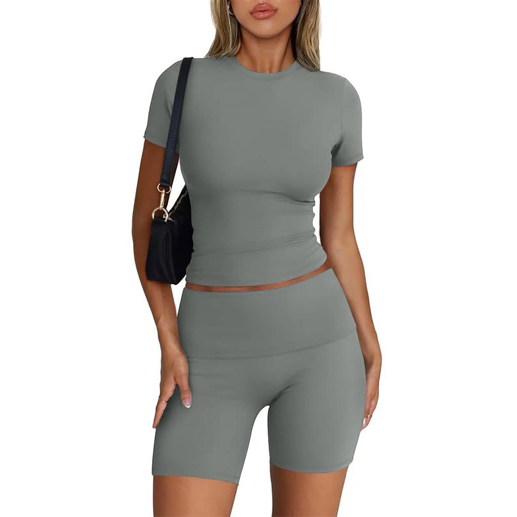 Женская мода, однотонный топ с круглым вырезом, облегающий топ с короткими рукавами, шорты, повседневные спортивные комплекты, спортивные костюмы
