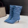 New Designer Denim Pointed Toe Pleated Special-Shaped Heel Boots Woman Spring Autumn 2025 High Heel  Boots Fashion Shoe