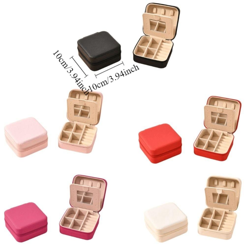 Storage Organizer Waterproof Portable Jewelry Box with Mirror Square Travel Organizer Zippered Closure Necklace Ring Box Travel