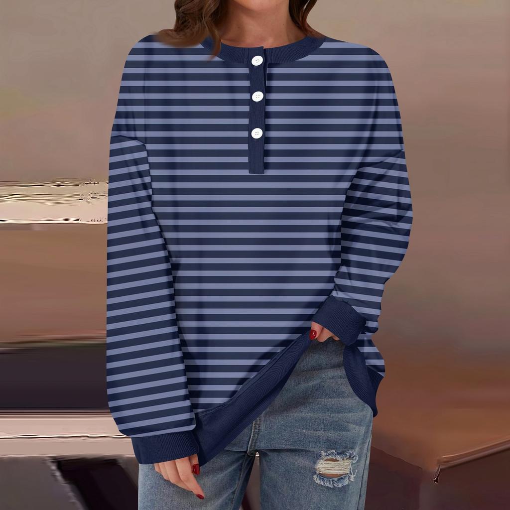 Женская повседневная мода удобная полосатая футболка с длинным рукавом и круглым вырезом на пуговицах, свободный подол с боковыми разрезами