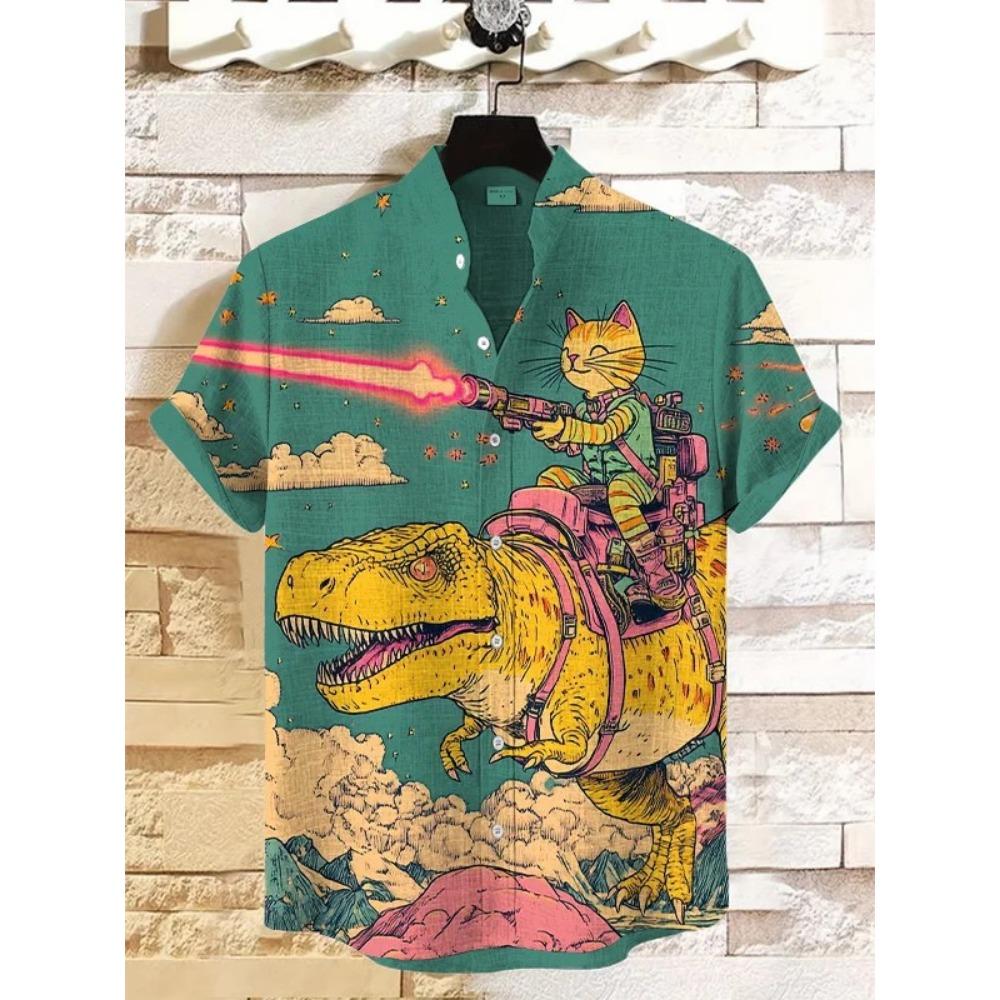 Мужские рубашки с рисунком кошек, рубашка с короткими рукавами и пуговицами на лацканах, летние свободные топы, повседневные гавайские рубашки для отпуска