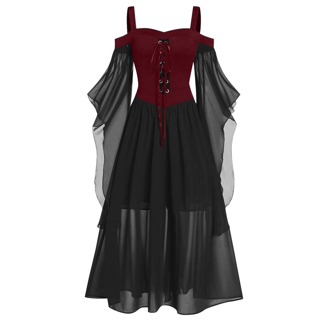 Women Plus Size Cold Shoulder Butterfly Sleeve Halloween Gothic Dress