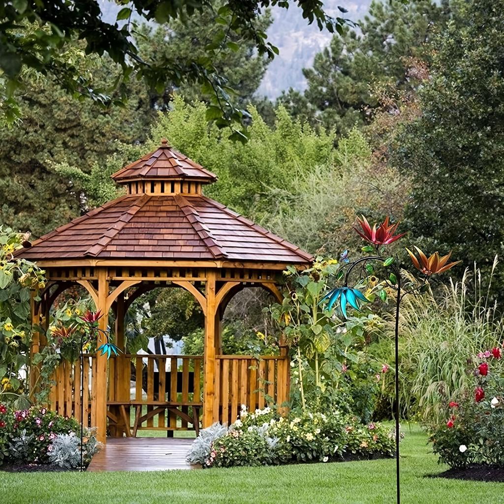 Flower Butterfly Windmill Large Metal Wind Turbine with Three Rotating Flower Butterfly Windmills Decorate Outdoor Courtyard Garden Art Decoration