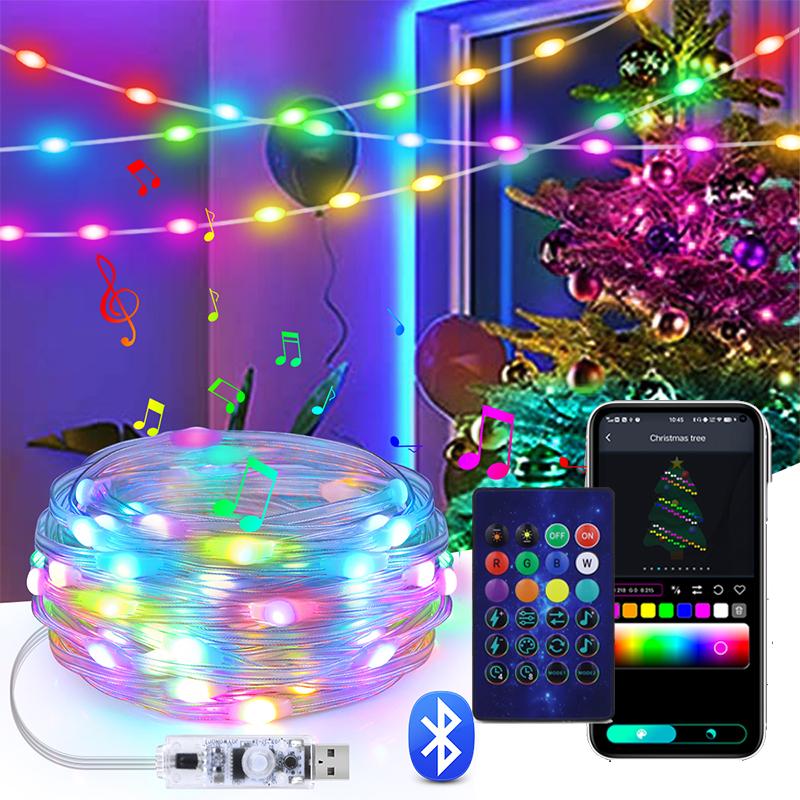 5M 10M 20M Christmas Tree RGBIC Lights Smart Bluetooth Control USB LED String Lamp Outdoor App Remote Control Garland Fairy Lights Decoration