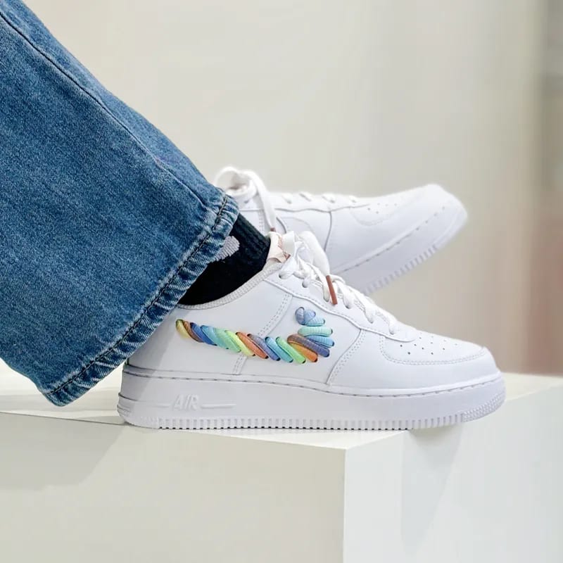 Nike Air Force 1 Low White Rainbow Lace Swoosh GS FQ4948-100