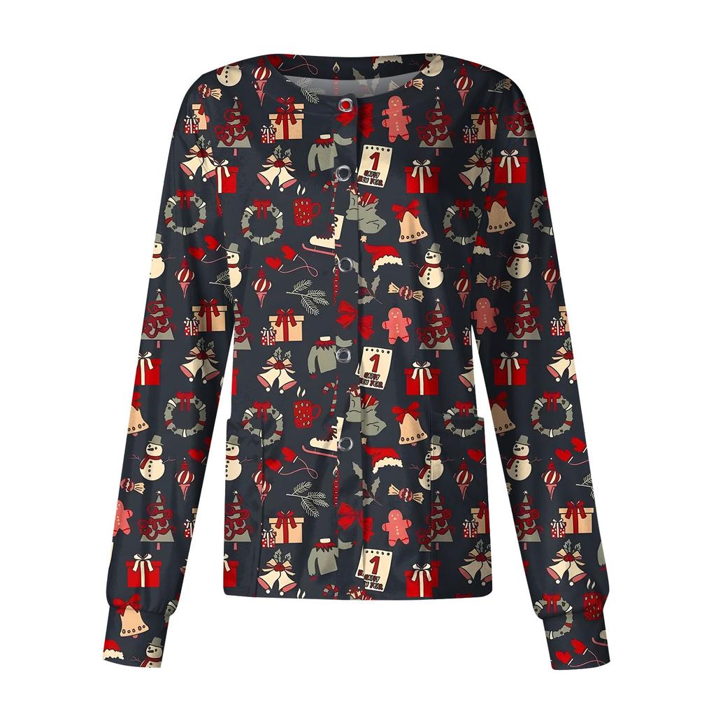 Женская повседневная модная однобортная куртка с длинным рукавом и стоячими лацканами с рождественским принтом, защитная рабочая куртка