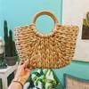 Yogodlns Simple Straw Handbag for Girls Summer Beach Travel Hand Bag Half Moon Hand Woven Rattan Handbags Round Handle Bags