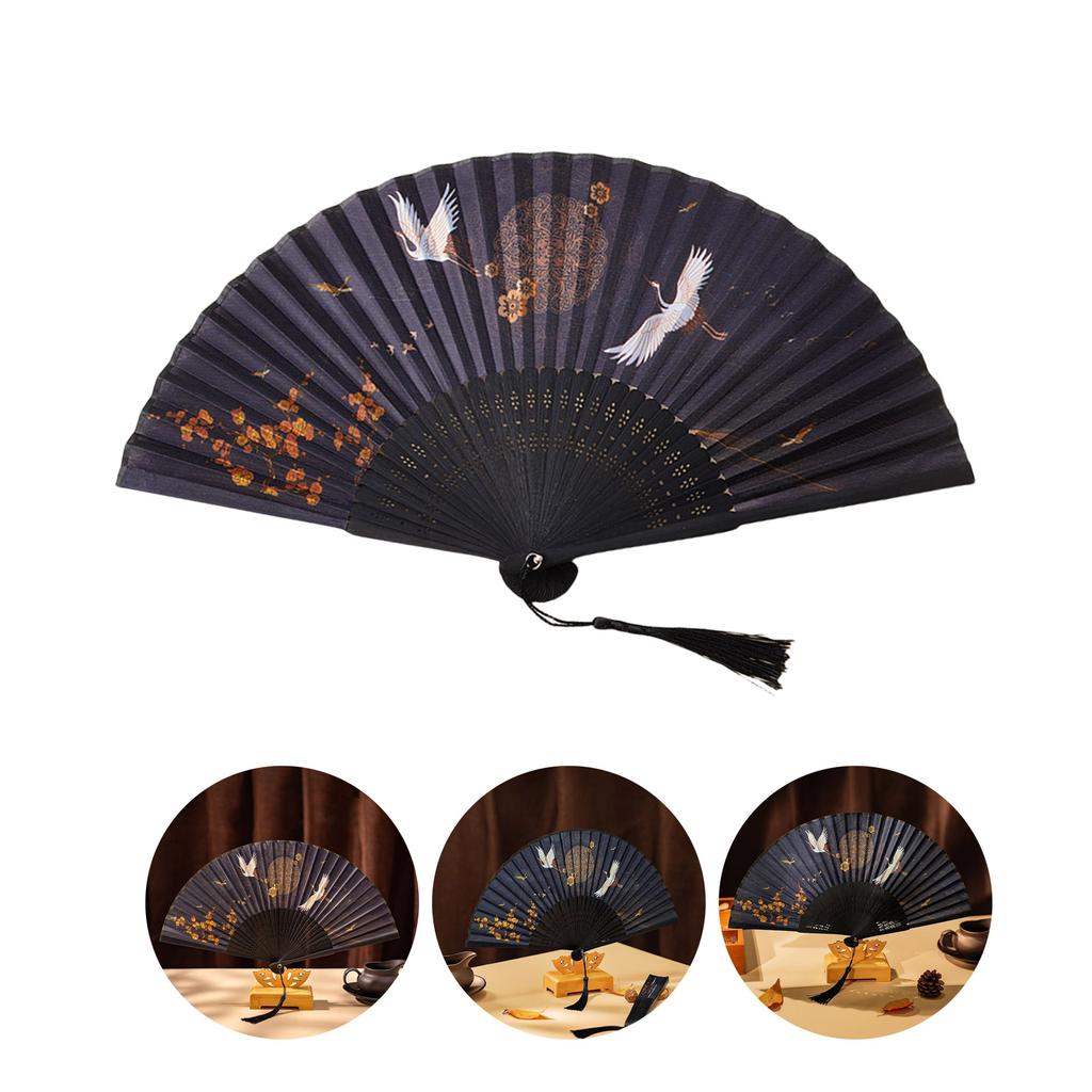 Классический китайский складной веер с изящным узором журавлей, веер ручной работы в старинном стиле для танцевальных представлений и свадебного декора
