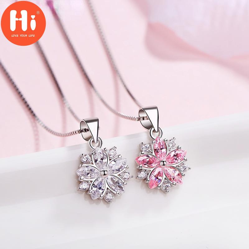 Hi Pink Clear Crystal Zircon Cherry Blossom Flower Chain Necklace For Women Girl Choker