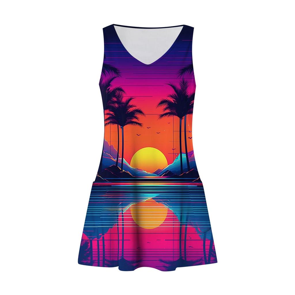 Women's Casual Summer Tank Dresses With Pockets Hawaiian Print V-Neck Sleeveless Dresses
