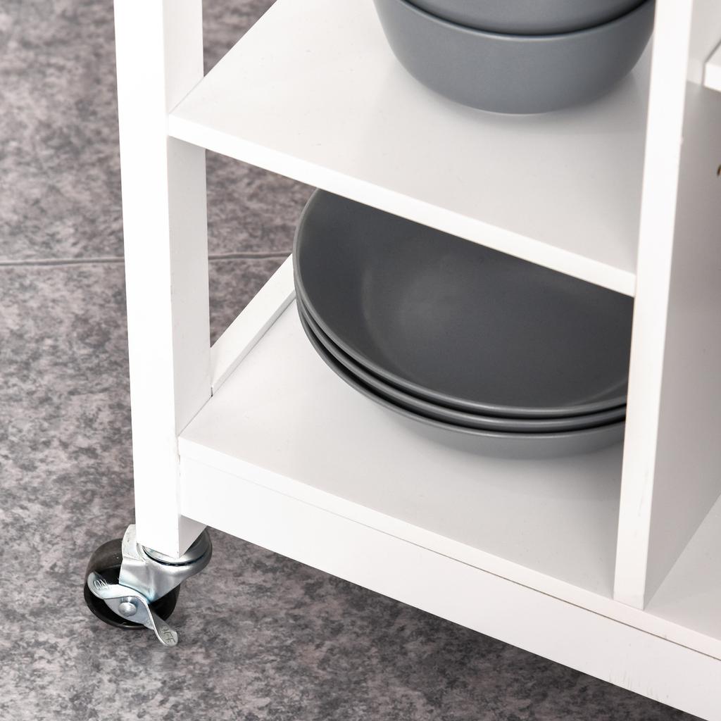 Kitchen Trolley, Kitchen Island on Wheels, w/ Wood Top, 3 Shelves and Storage Cupboard, White