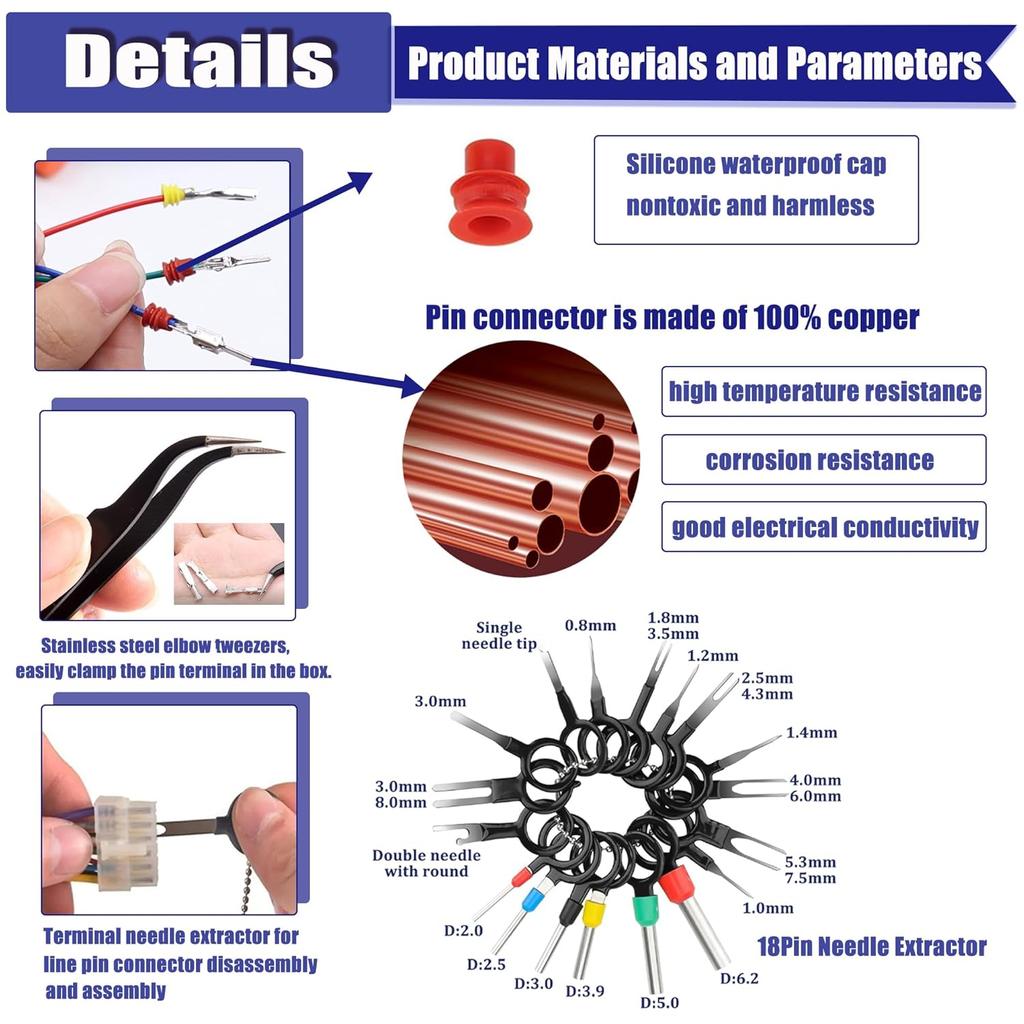 535PCS 26Type Pin Connectors Kit,Car Electrical Wire P 1/1.5/1.8/2.2/2.8/3.5mm Automotive Pin Connectors Kit Wire Removal Non-ulated Plug Male Female