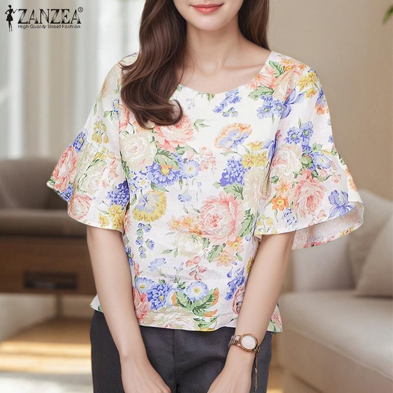 ZANZEA Женская повседневная блузка с круглым вырезом и рукавом 3/4 с цветочным принтом
