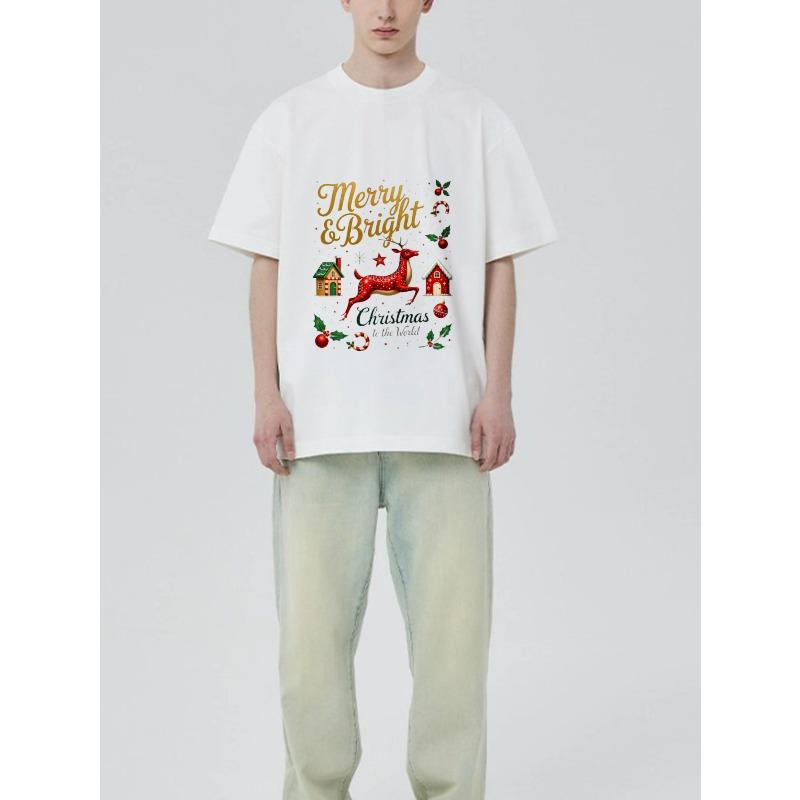 Christmas T Shirt Black Merry and Bright Reindeer House and Candy Cane Print for Holiday Party