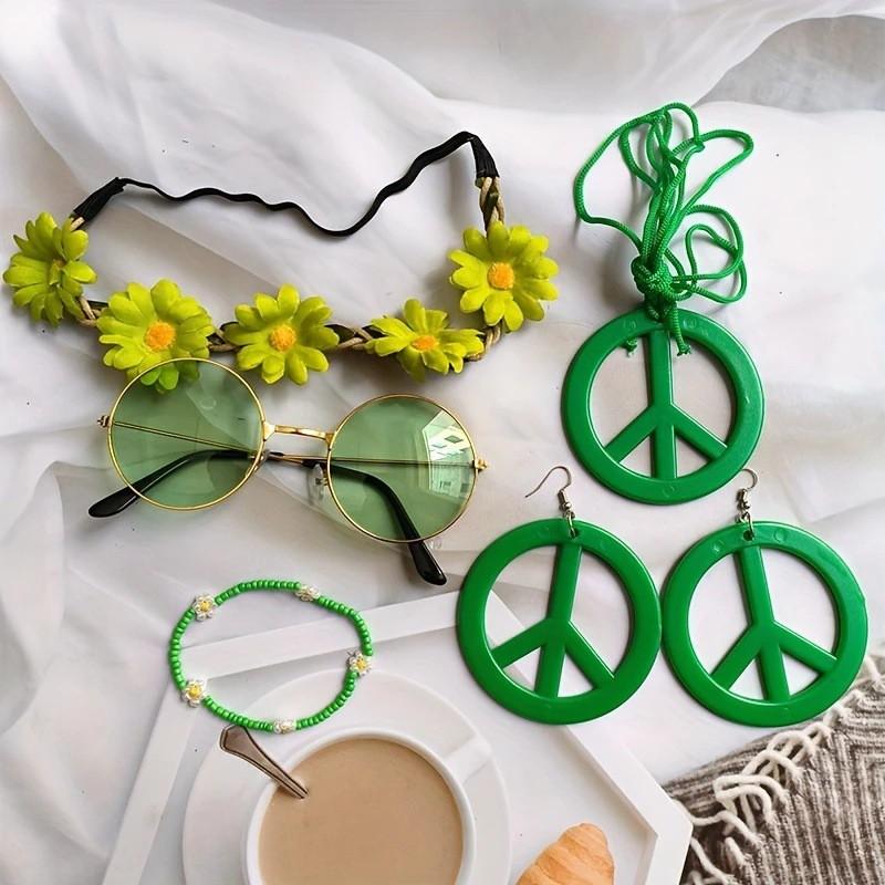 Hippie Peace Sign Costume Set Halloween Party Colorful Earrings Necklace Adult Cosplay Accessories