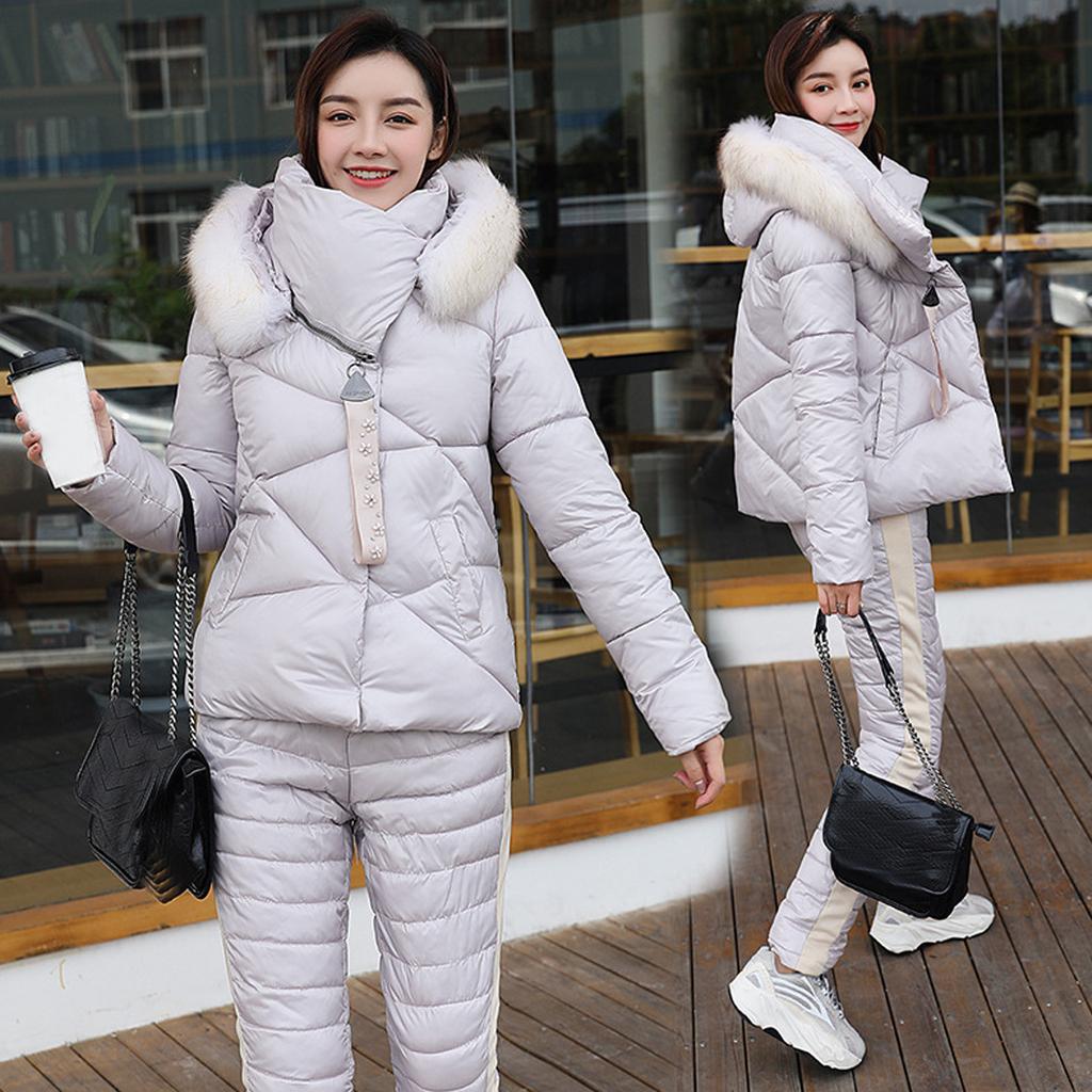 Women's Winter Warm Casual Loose Fur Collar Jacket + Loose Pants Two Piece Set