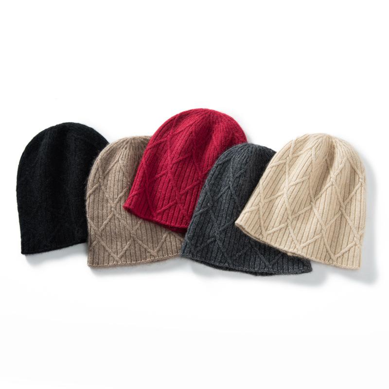 Autumn and winter cashmere hat women's thickened wool knitted rhombus casual ear protection warm bald hat cold hat
