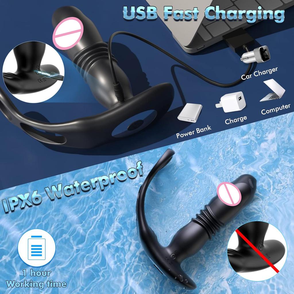 Remote Control Thrusting Vibrating Prostate Massager Vibrating Anal Plug with Cock Ring Male Dildo Sex Toy for Man Couples Play