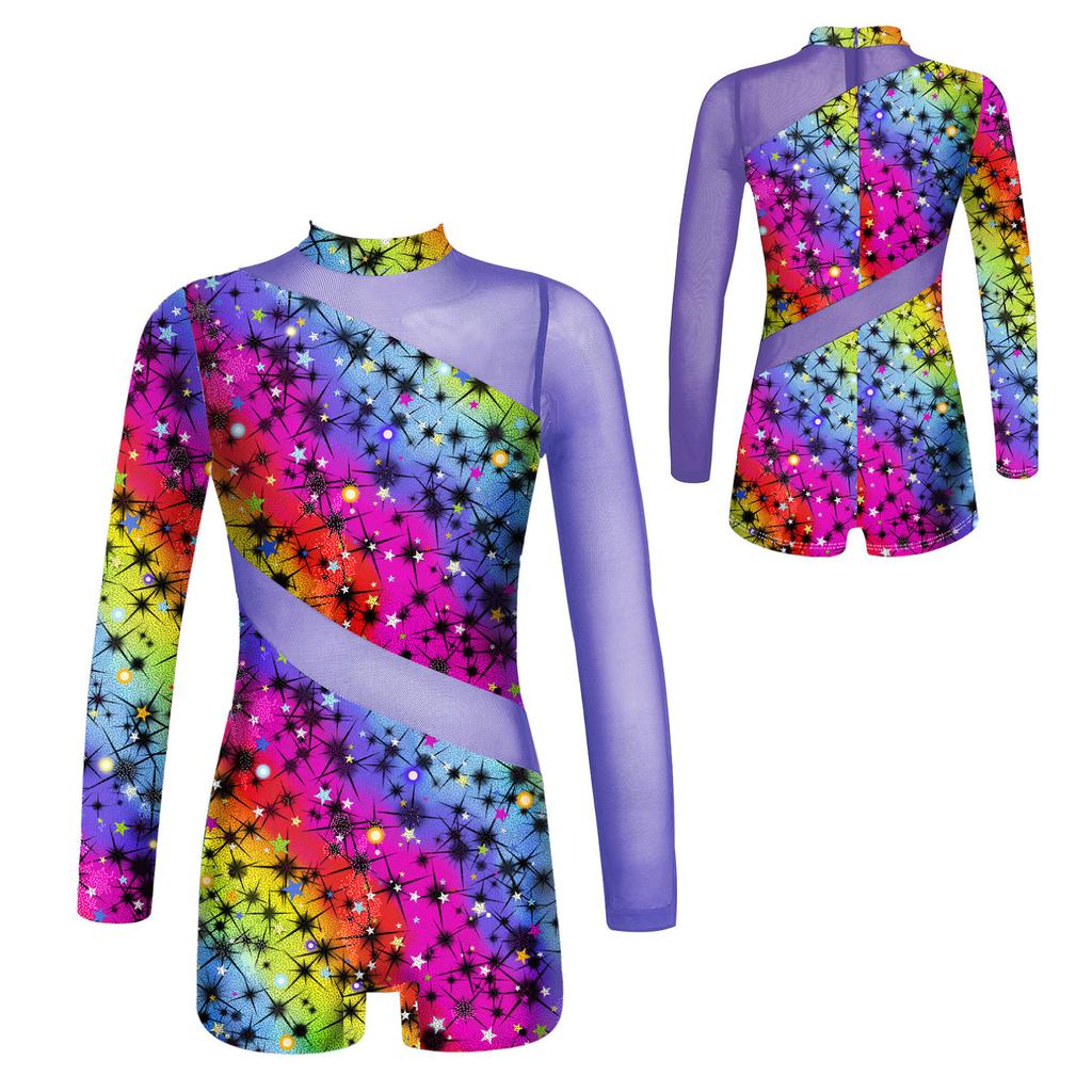 Детский гимнастический купальник с длинными рукавами для девочек, балетный танец, короткий комбинезон для танцев