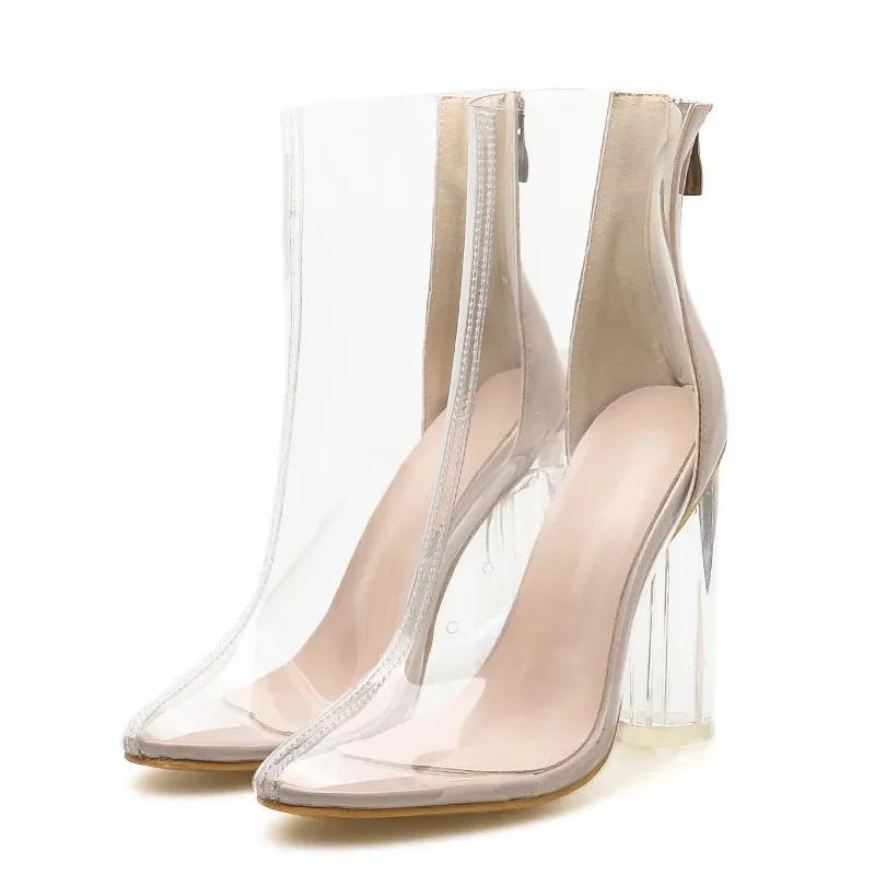 Модные сексуальные прозрачные ботильоны из ПВХ, женские, с застежкой-молнией сзади, Botas Mujer, с острым носком, прозрачные, на высоком каблуке, весенне-осенняя обувь для женщин