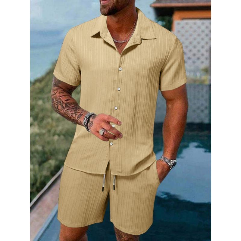 Мужской повседневный комплект из двух предметов: рубашка с коротким рукавом в полоску на пуговицах и шорты