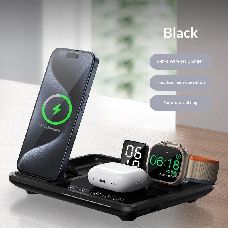 New 15W Wireless Charger Four-in-one Fast Charging Stand Clock Foldable Automatic Lifting for Mobile Phones Headphones Watches