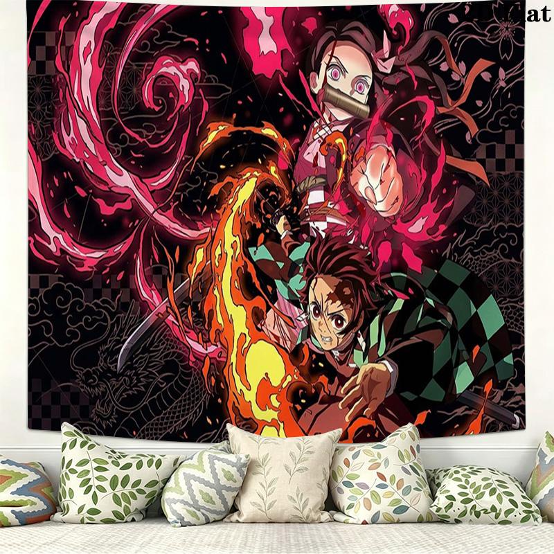 Tanjiro Nezuko Kamado Wall Tapestry Aesthetic Wall Hanging Printed Fabric Blanket Decorative Tapestries for Bedroom Living Room Home Decor