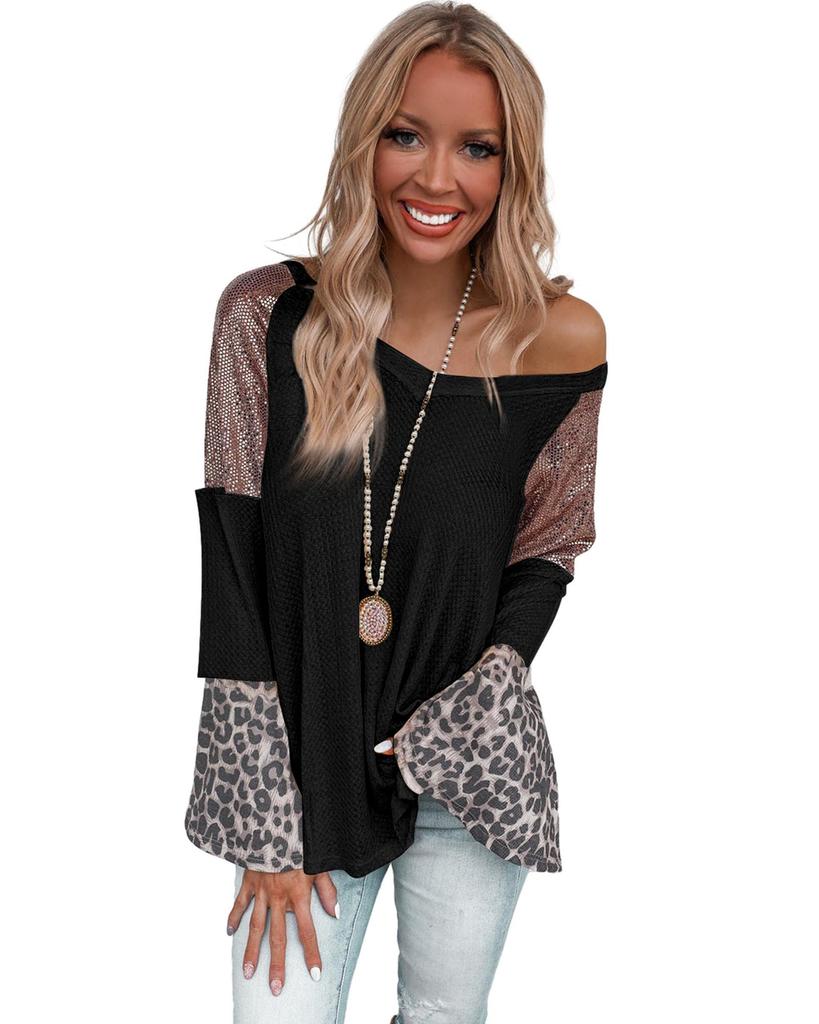 Azura Exchange Черный топ-туника с V-образным вырезом и рукавами-колокольчиками, украшенный пайетками в стиле пэчворк