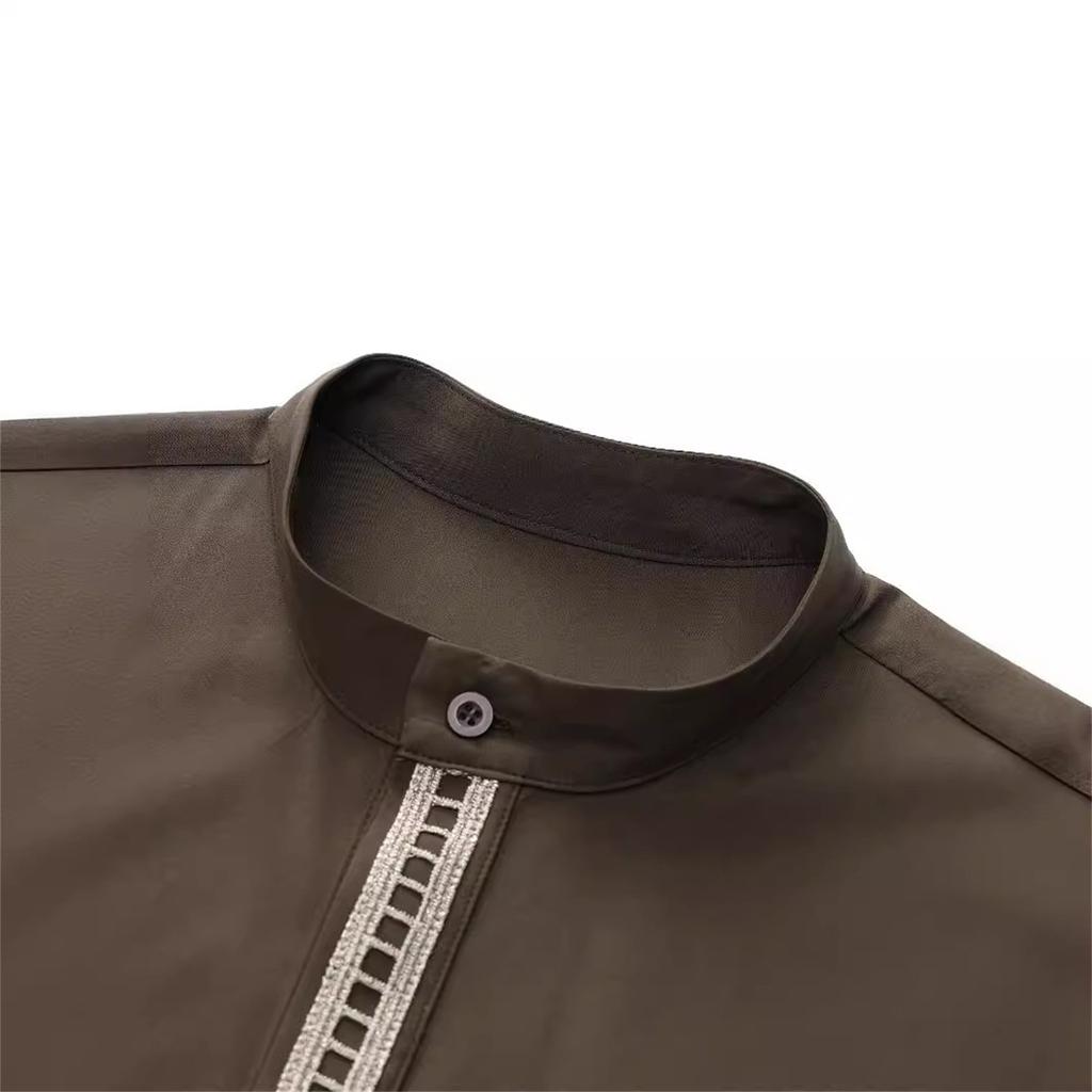 Однотонный кружевной халат с воротником-стойкой и длинными рукавами и карманами для мужчин-мусульман