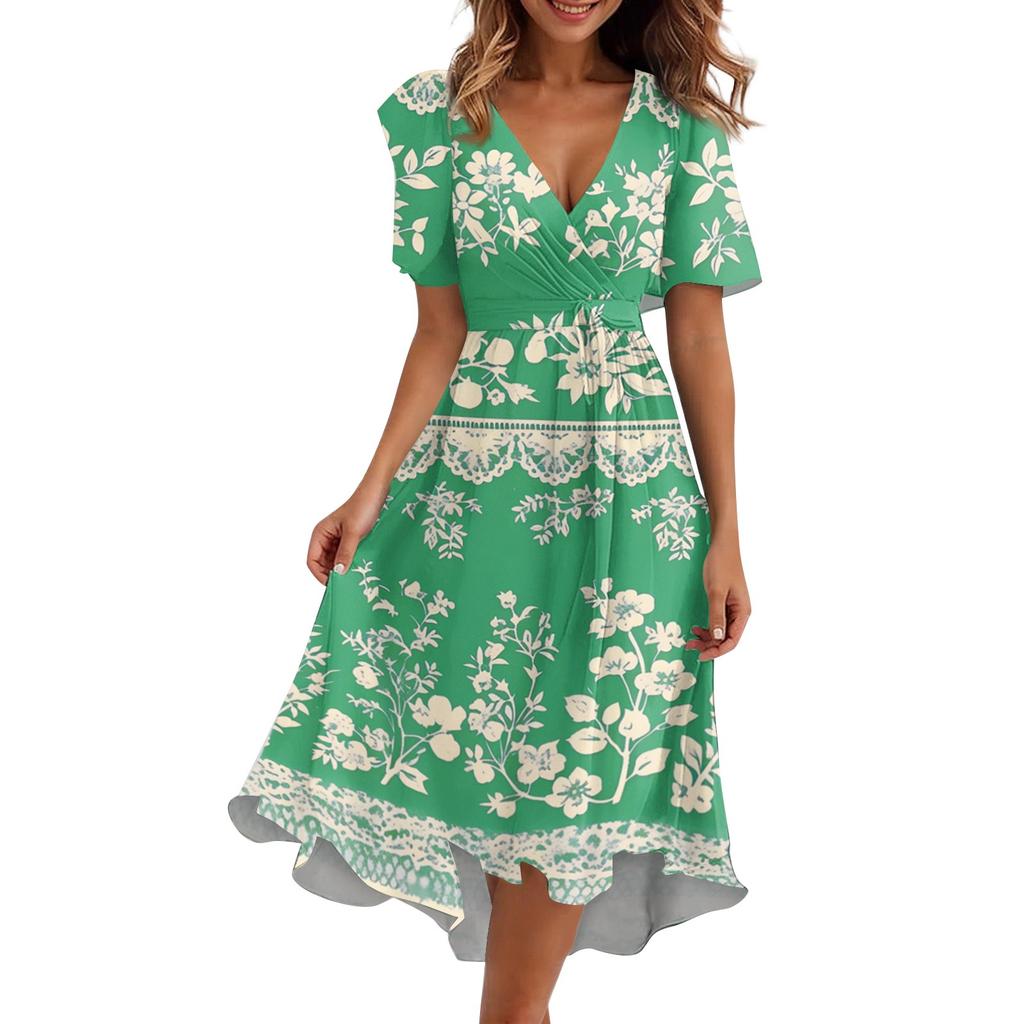 Women's Loose Casual V-Neck Flared Skirt Short Sleeved Printed Dress Printed Dress