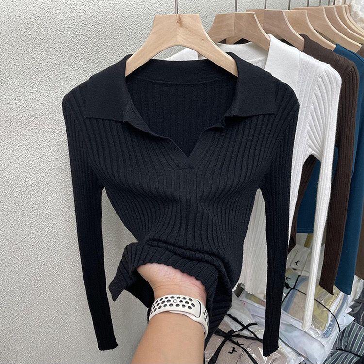 Autumn/winter Knitted T-shirt Women's Pullover Knit Sweater V-neck Polo Shirt Top Knitted Undershirt Women's Stretch Skinny Sweater Undershirt