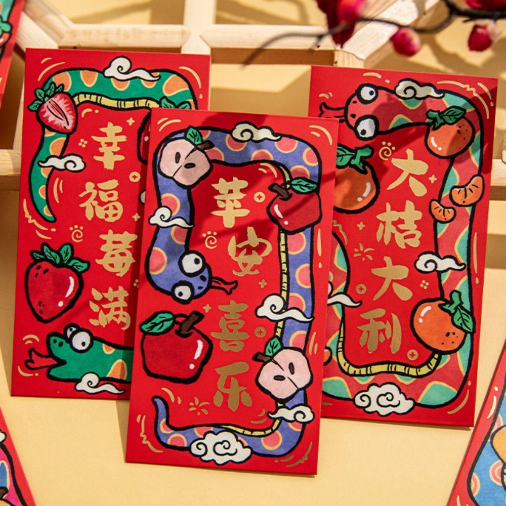 6PCS/SET Snake Pattern Red Pocket Hand Drawn Good Luck Hongbao Cute Luck Money Bag  New Year Gift