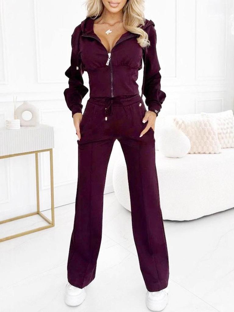 2025 Autumn/Winter Solid Color Hooded Zip-Up Top & Wide-Leg Pants Two-Piece Set