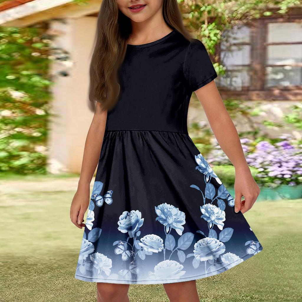 Летнее платье для девочек, однотонное платье без рукавов с принтом и карманом, повседневное платье, вечернее платье с короткими рукавами