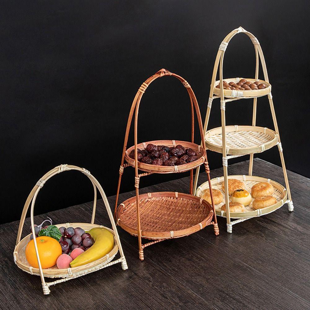 1Pcs 1/2/3 Layers Storage Basket Multi-function Standing Tray Bamboo Woven Basket For Kitchen